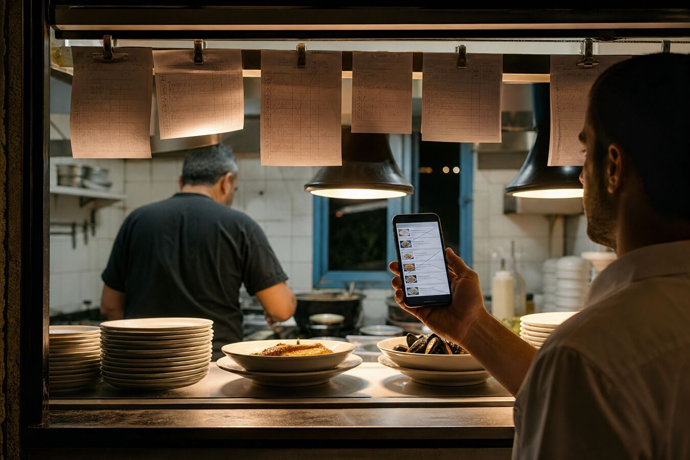 Kitchen pass at a Pieria restaurant with tickets and a phone used to mark dishes unavailable during service.