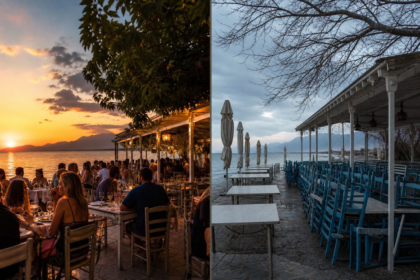The same Pieria beach restaurant packed in July and empty in the off-season.