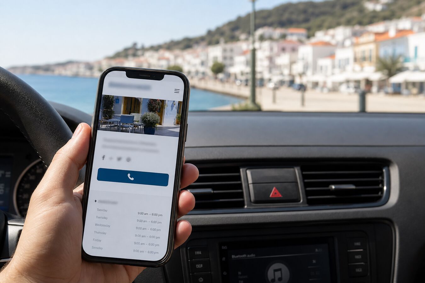 Smartphone in a parked car showing a local business site with a call button, Pieria coast visible through the windshield.