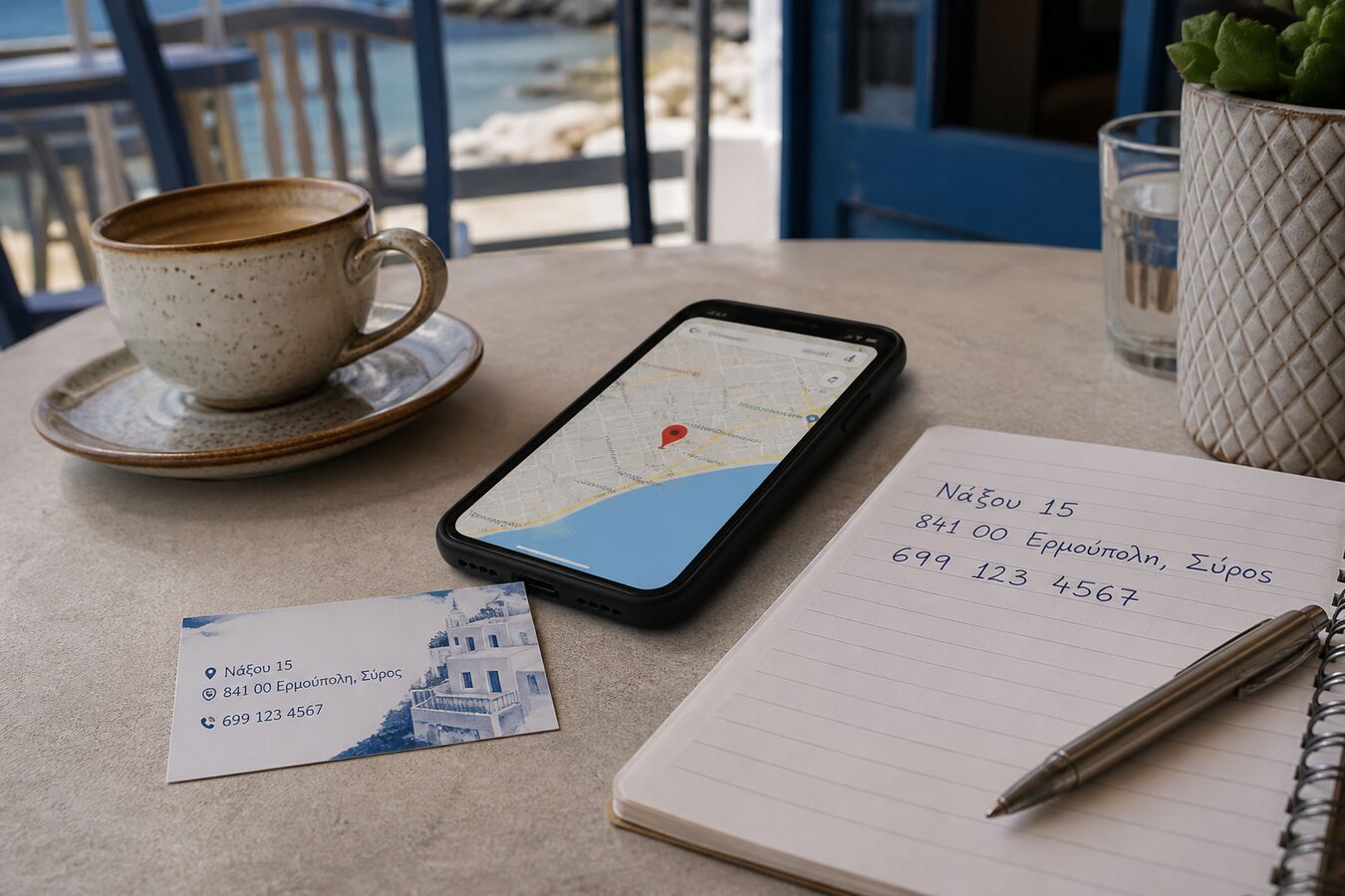 Cafe table with a business card, a phone open to Maps, and a notebook showing the same address and phone number.