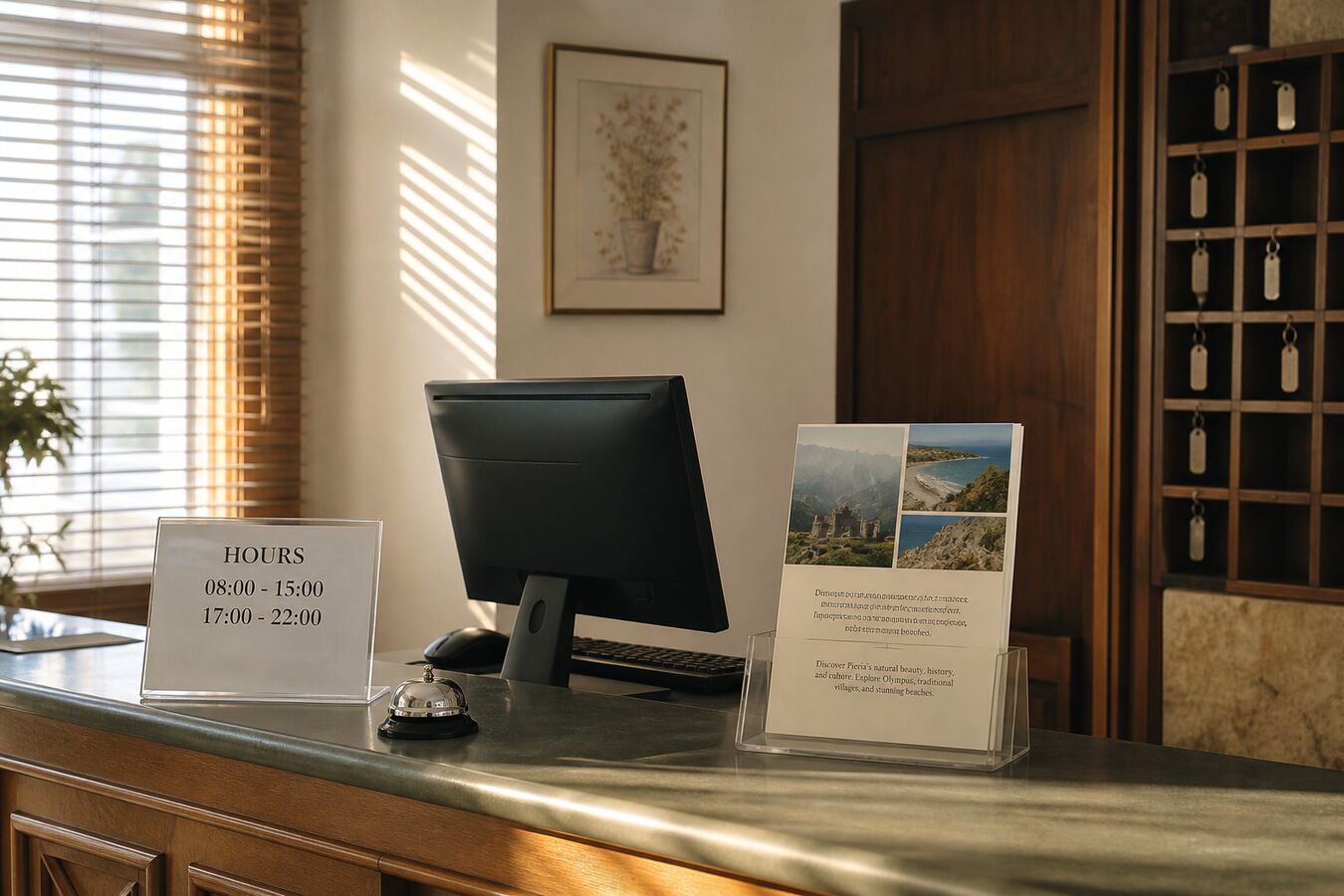 Hotel reception in Pieria with a printed hours sign and a bilingual flyer on the desk.