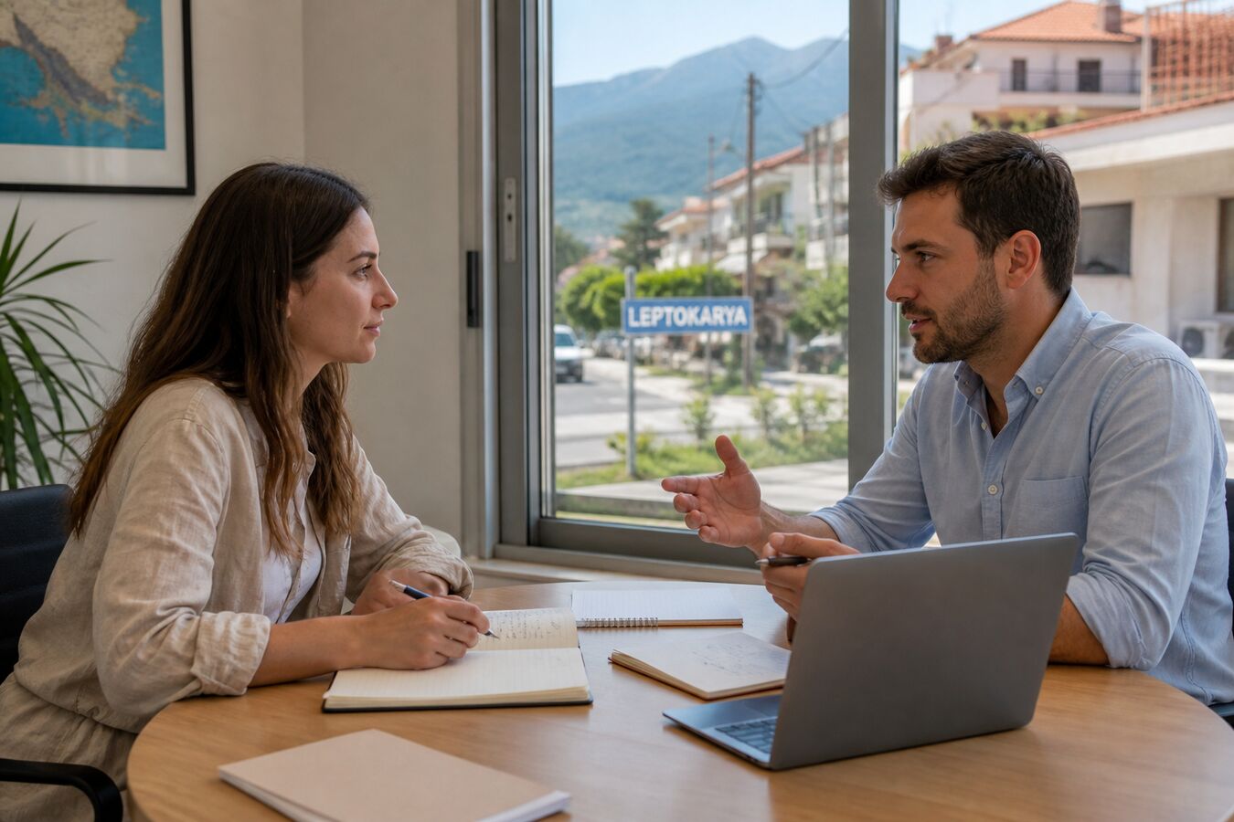 Two people at a meeting table in a Leptokarya office, laptop open, town street outside the window.