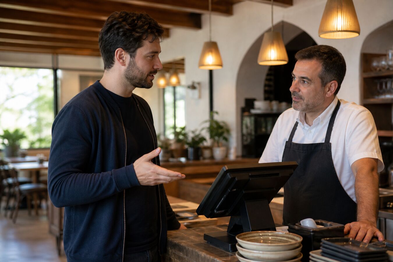 Developer standing with a restaurant owner at a counter with a POS terminal in Pieria.