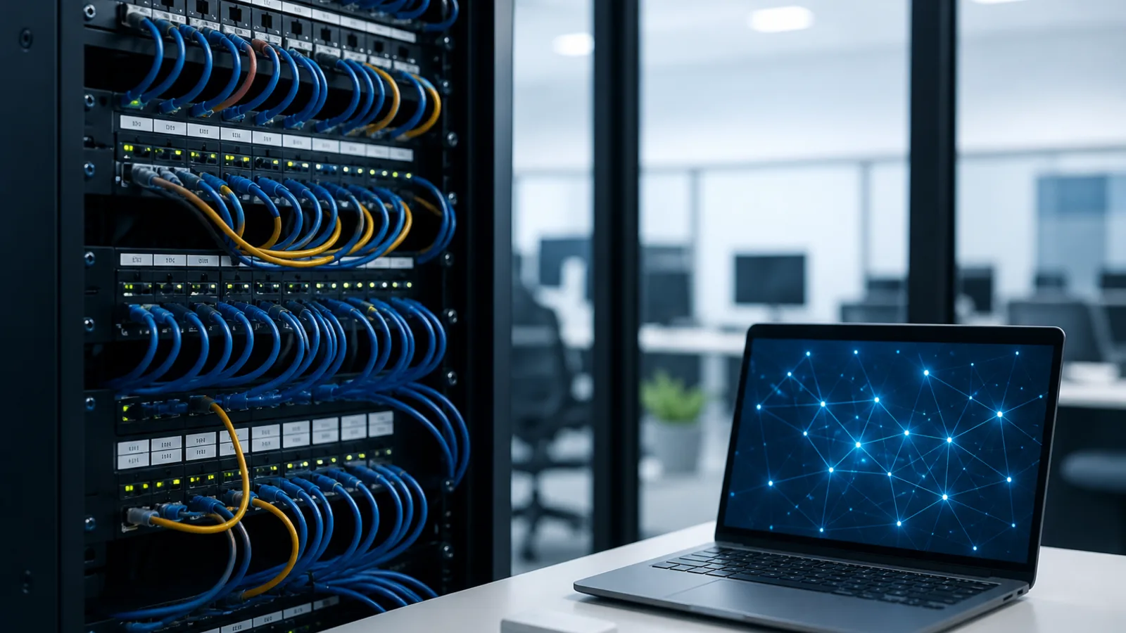 Network switches and a laptop showing connected systems