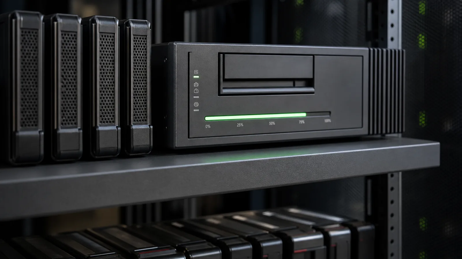 Backup drives glowing on a shelf in a server room