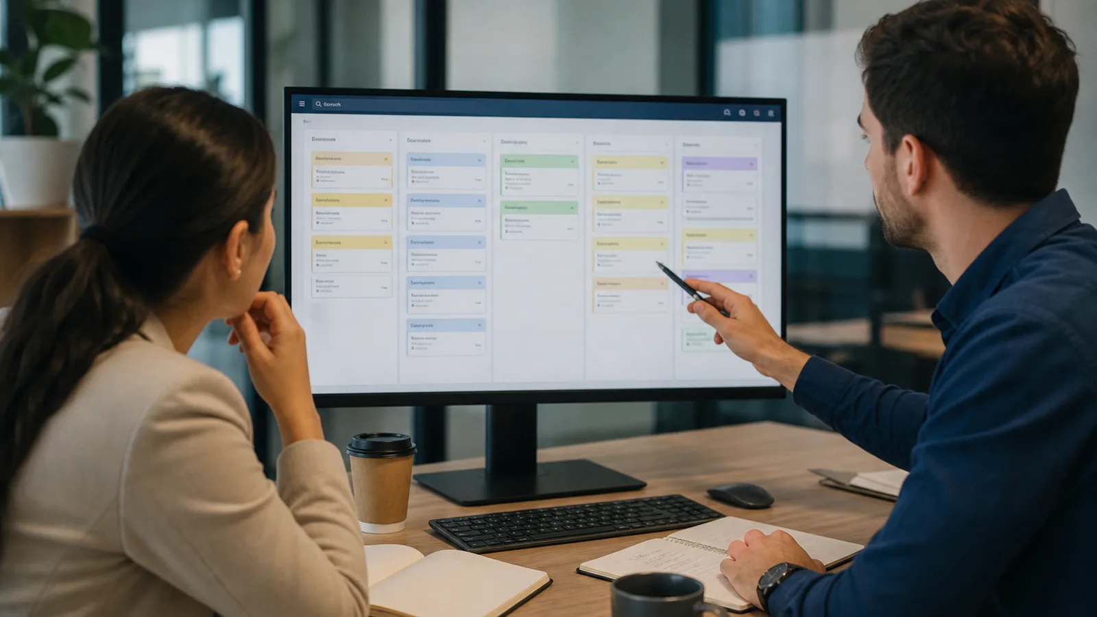 Colleagues looking at a customer pipeline on a large monitor