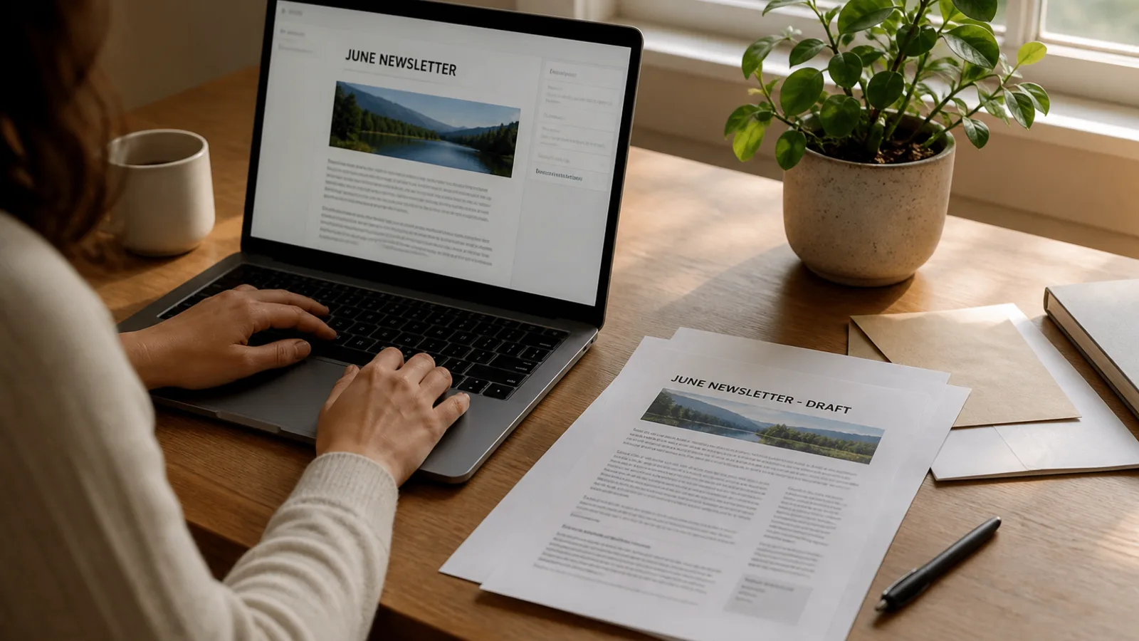 Writing a newsletter on a laptop at a sunlit desk
