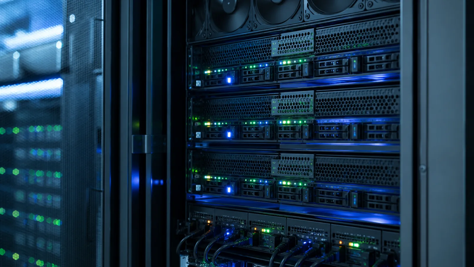 Clean server rack glowing in a quiet cabinet