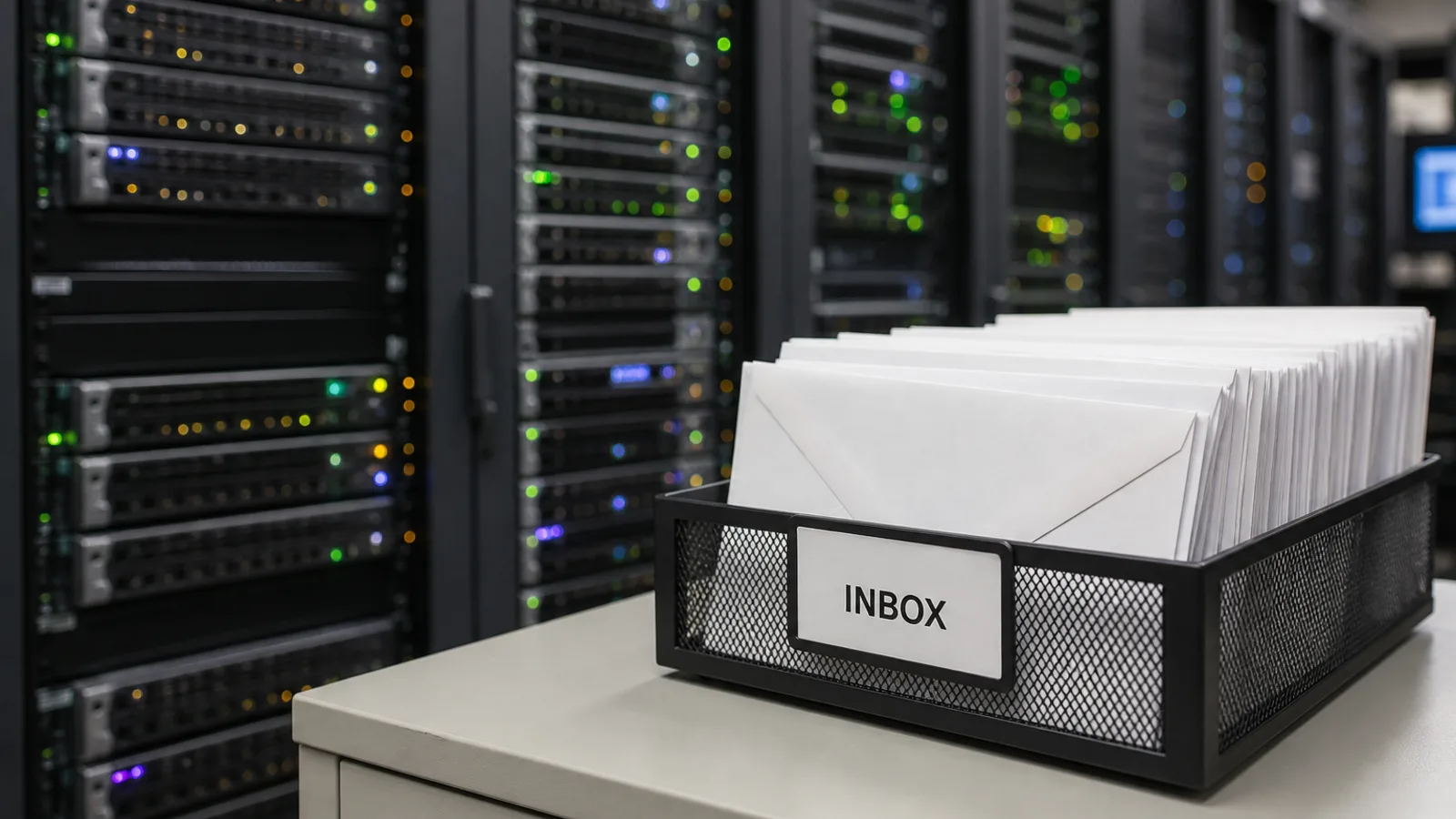 Mail trays in front of a softly lit server room