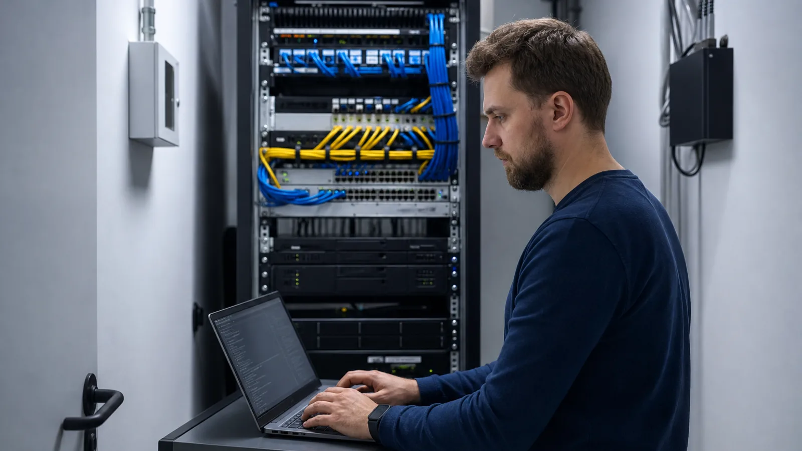 Administrator working at a laptop in front of a server rack