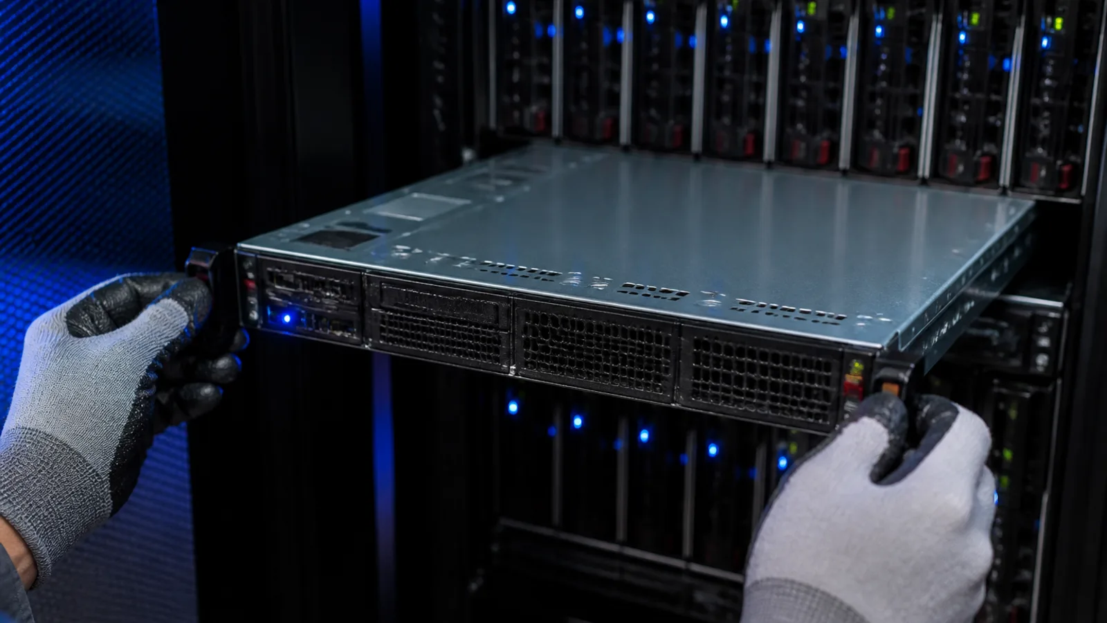 Technician sliding a server blade from a rack
