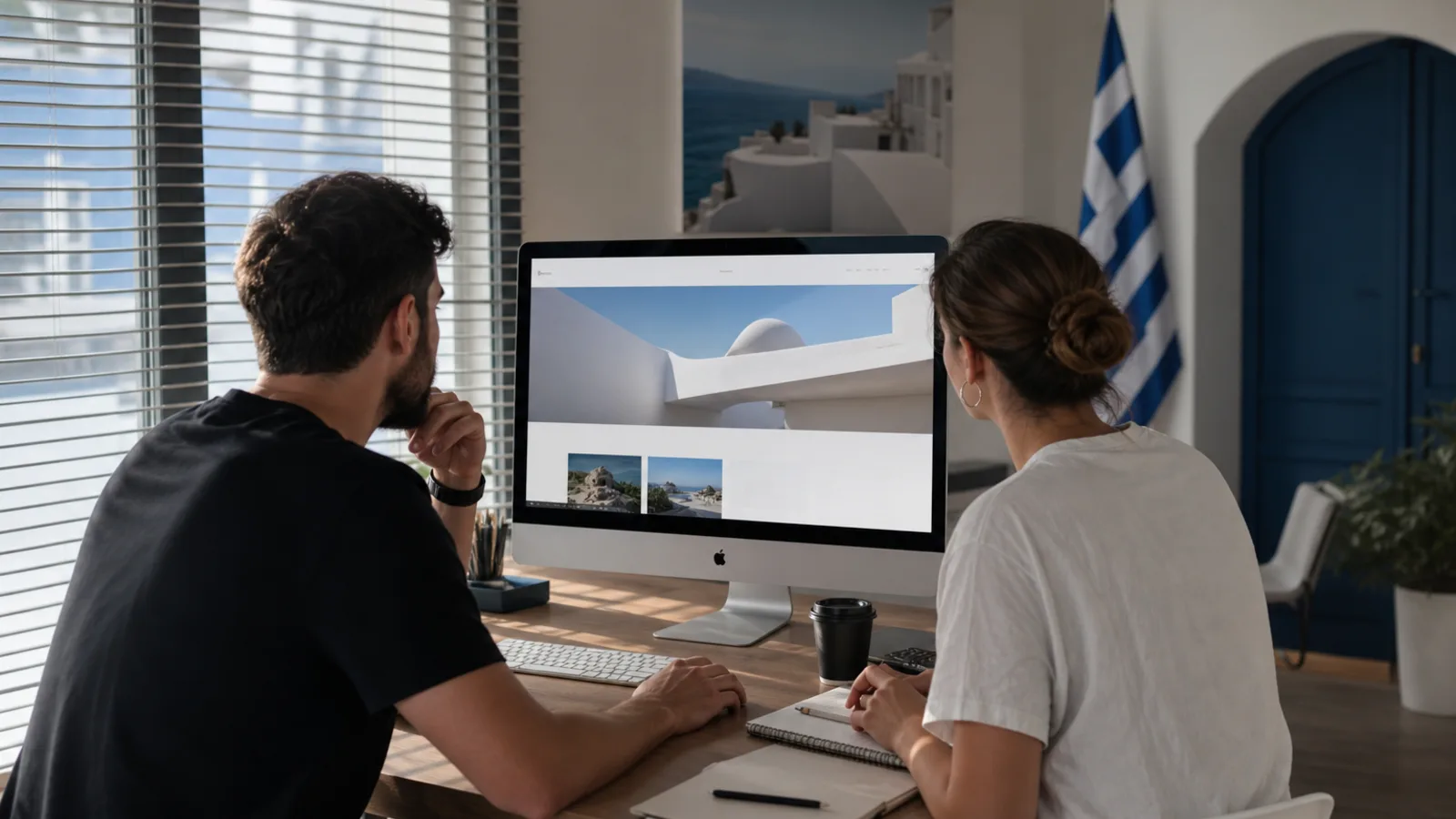 Team reviewing a custom website on a studio monitor