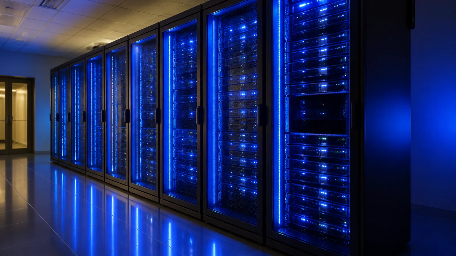 Quiet hosting room with rows of softly lit servers