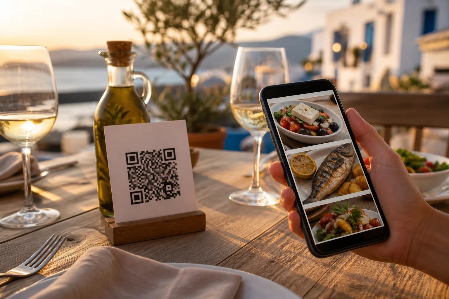 Guest at a restaurant table opening a QR digital menu on their phone
