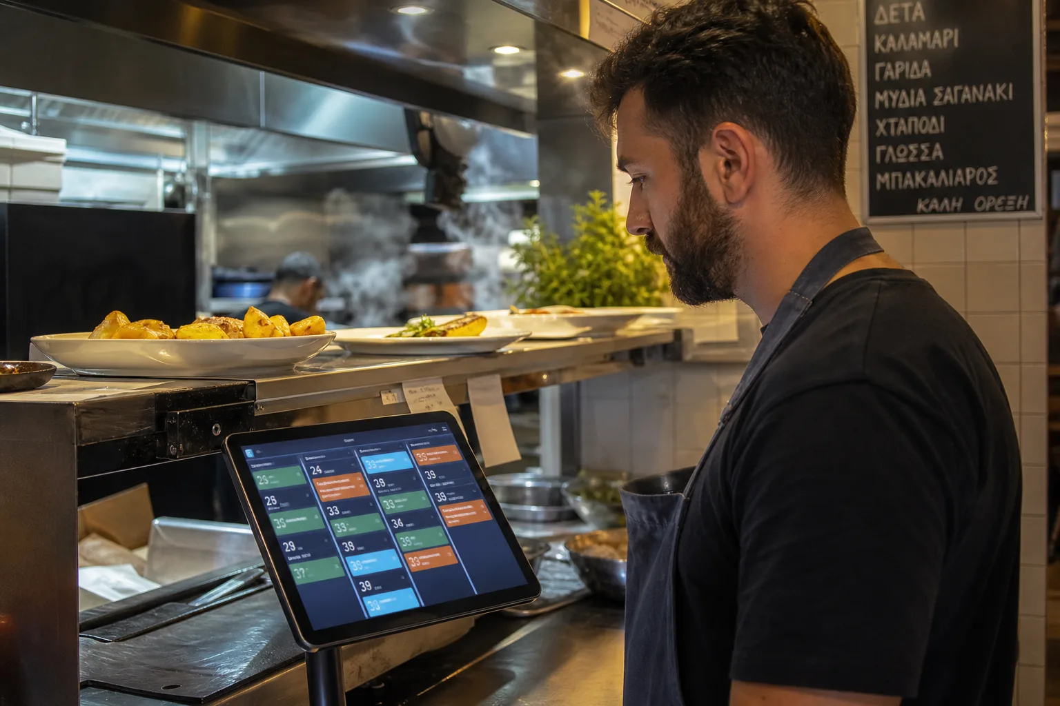 Kitchen pass with a live order board on a tablet